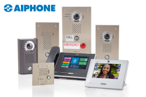Aiphone intercom system with video monitor, door stations, and emergency call panel for secure building communication