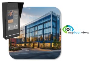 MyDoorView intercom touchscreen with modern commercial building for secure video entry and access control