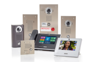 Aiphone intercom system with video monitor, door stations, and emergency call panel for secure building communication