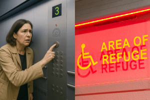 Person using an elevator emergency communication panel next to a brightly illuminated Area of Refuge sign with wheelchair accessibility symbol.